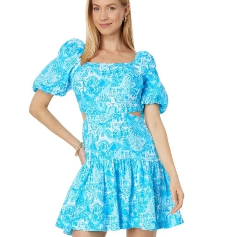 LILY PULITZER Kylanne Amalfi Blue Sunny State Of Mind Mini Dress With Cut Outs